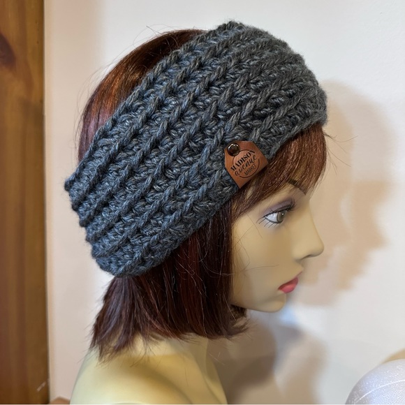 Unisex, chunky charcoal, hand knit, headband/ear warmer band. 4” x 22”. - Picture 10 of 10